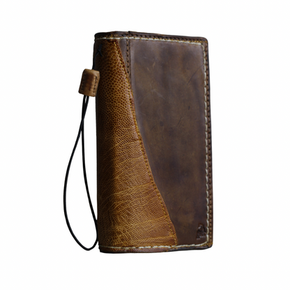 ARICHI Handmade Brown Leather Apple iPhone Case | Ostrich Accent | Hand Stitched Wallet Cover with Card Slots