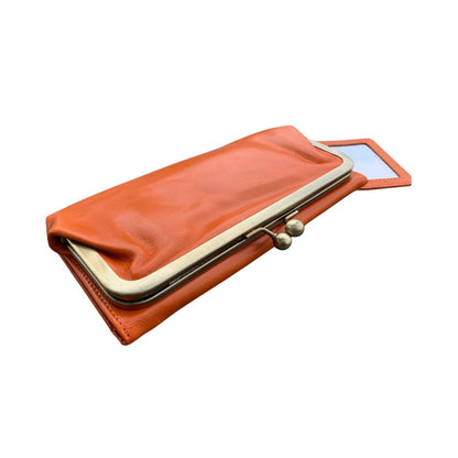 Vintage Cognac Leather Wallet for Women, Vintage Kiss Lock Clutch Purse, Genuine Leather Card Holder Wallet, Handmade 60s Style Wallet