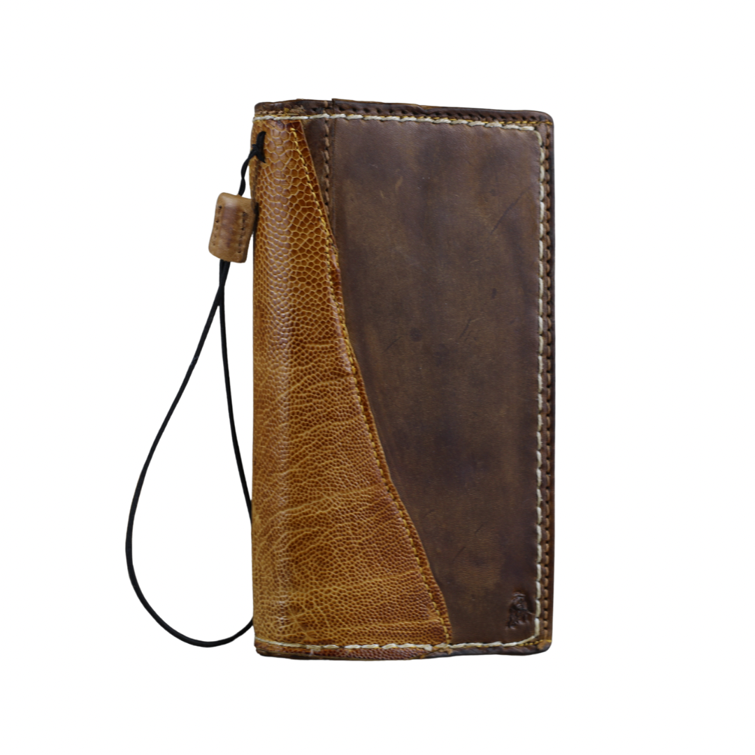 ARICHI Handmade Brown Leather OnePlus Case | Ostrich Accent | Hand Stitched Wallet Cover with Card Slots
