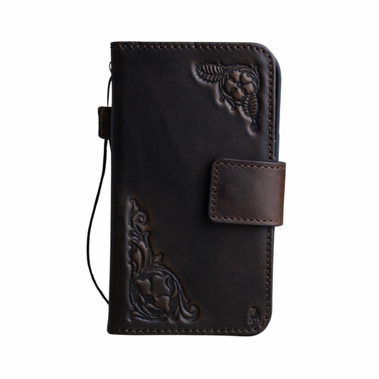ARICHI Handcrafted Brown Leather iPhone Case with Magnetic Closure and Embossed Design – Detachable Magnetic Wallet Cover for iPhone