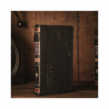 Black leather book style iPhone folio case with decorative vintage spine and hand stitched edges