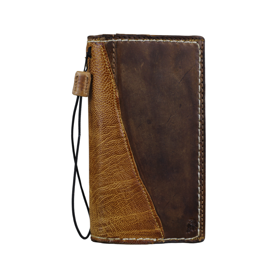 ARICHI Handmade Brown Leather OnePlus Case | Ostrich Accent | Hand Stitched Wallet Cover with Card Slots