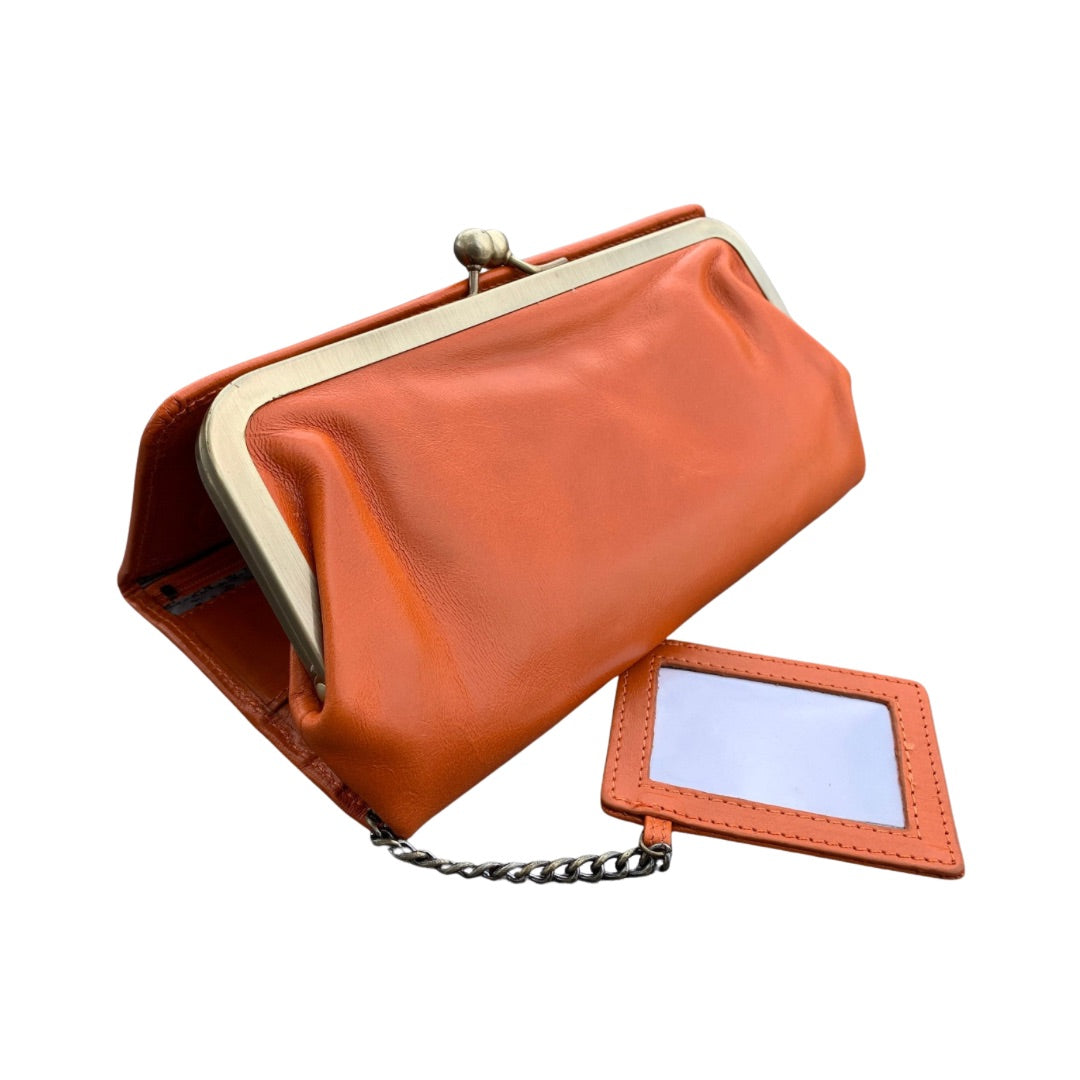 Vintage Cognac Leather Wallet for Women, Vintage Kiss Lock Clutch Purse, Genuine Leather Card Holder Wallet, Handmade 60s Style Wallet