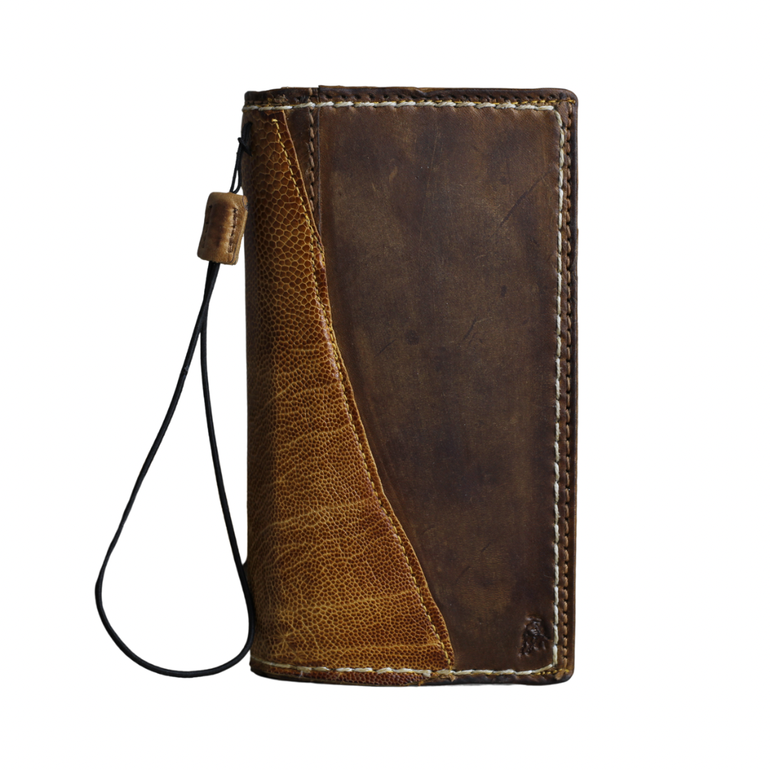 ARICHI Handmade Brown Leather OnePlus Case | Ostrich Accent | Hand Stitched Wallet Cover with Card Slots