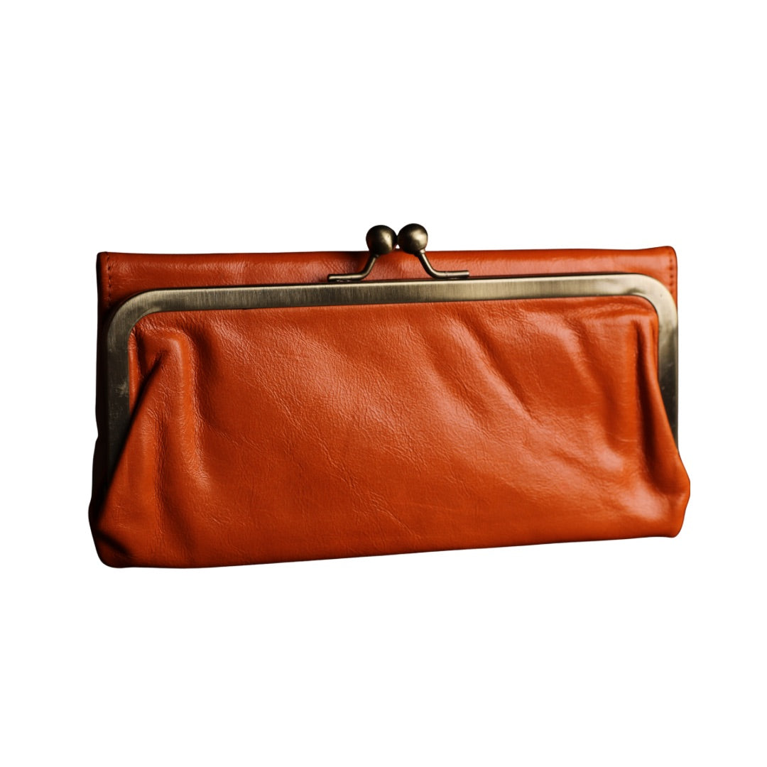 Vintage Cognac Leather Wallet for Women, Vintage Kiss Lock Clutch Purse, Genuine Leather Card Holder Wallet, Handmade 60s Style Wallet