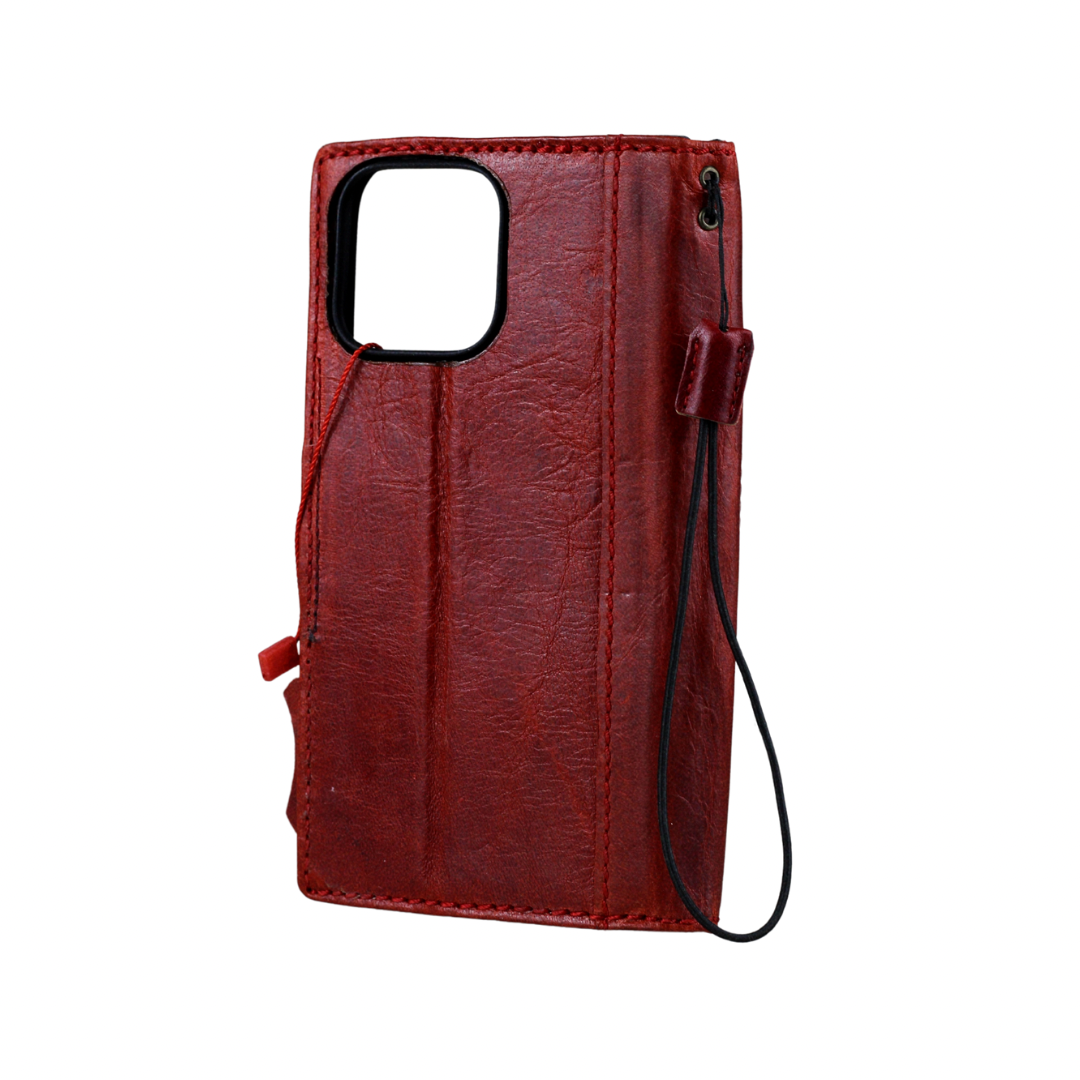 ARICHI Handmade Red Leather Samsung Galaxy Case with Card Slots | Flower Embossed Vintage Style Wallet Cover