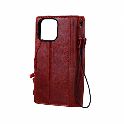 ARICHI Handmade Red Leather iPhone Case with Card Slots | Flower Embossed Vintage Style Wallet Cover
