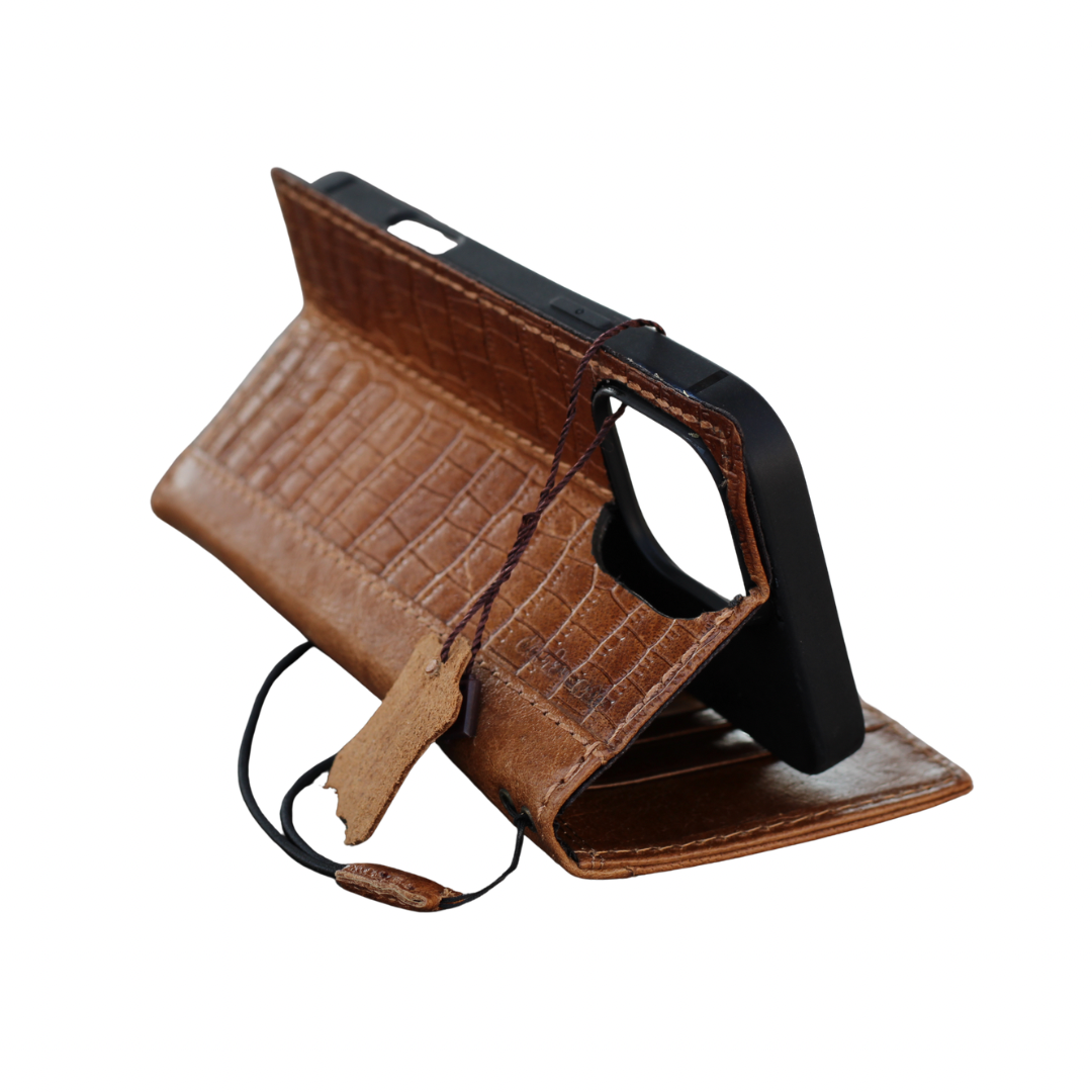 Handmade Genuine Leather Phone Wallet Case – Crocodile Embossed Fits iPhone 17 16 15 14 Christmas Gift | Luxury Brown Leather Flip Cover with Card Slots