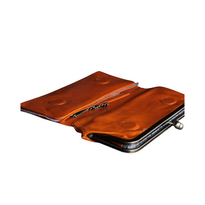 Vintage Cognac Leather Wallet for Women, Vintage Kiss Lock Clutch Purse, Genuine Leather Card Holder Wallet, Handmade 60s Style Wallet