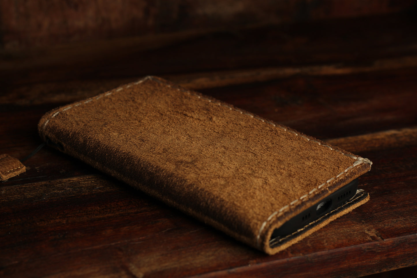 Handmade Suede Leather Wallet Phone Case – Rustic Full Grain Folio Cover for iPhone