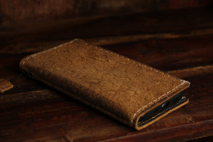 Handmade Suede Leather Wallet Phone Case – Rustic Full Grain Folio Cover for iPhone