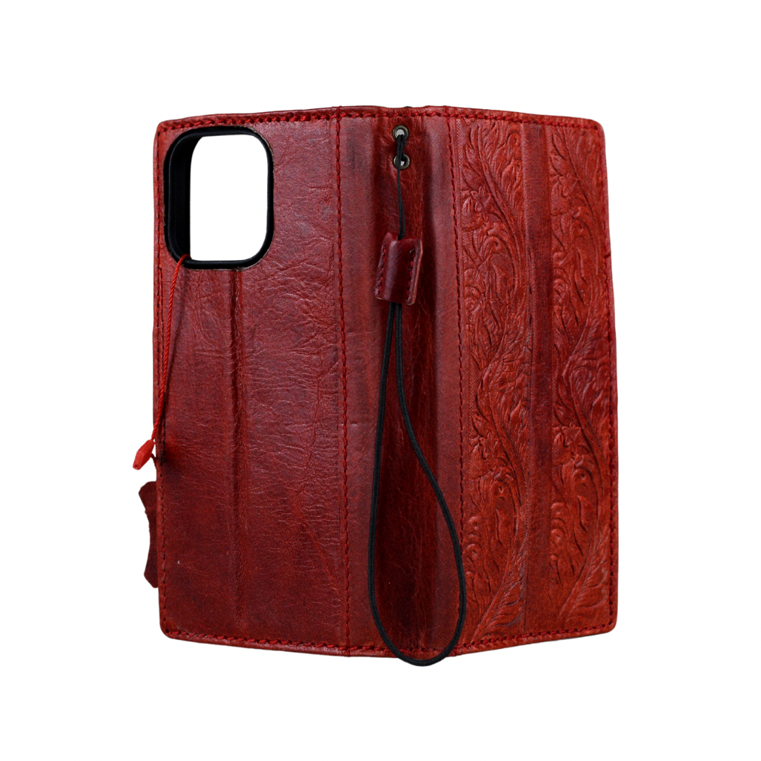 ARICHI Handmade Red Leather Samsung Galaxy Case with Card Slots | Flower Embossed Vintage Style Wallet Cover