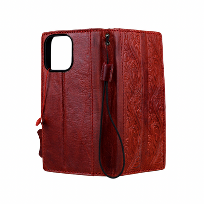 ARICHI Handmade Red Leather iPhone Case with Card Slots | Flower Embossed Vintage Style Wallet Cover