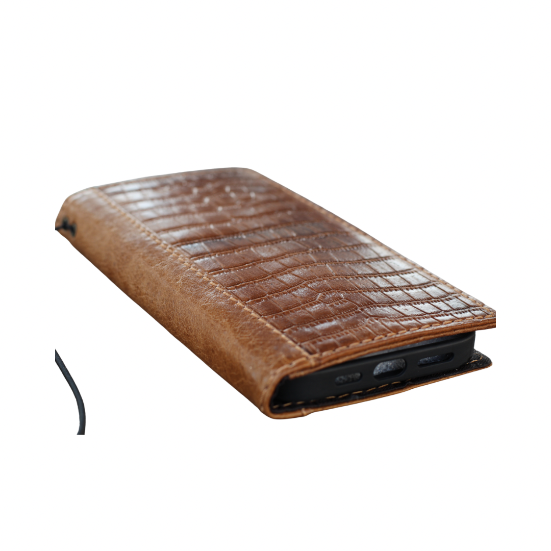 Handmade Genuine Leather Phone Wallet Case – Crocodile Embossed Fits iPhone 17 16 15 14 Christmas Gift | Luxury Brown Leather Flip Cover with Card Slots