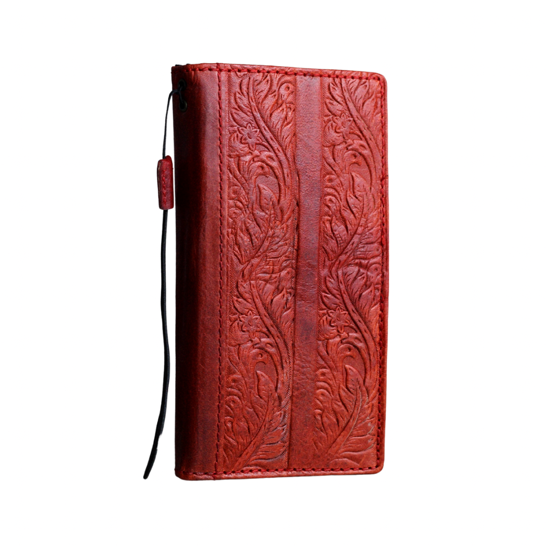 ARICHI Handmade Red Leather Samsung Galaxy Case with Card Slots | Flower Embossed Vintage Style Wallet Cover