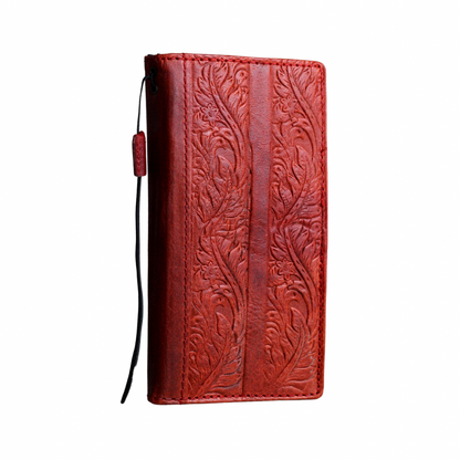 ARICHI Handmade Red Leather iPhone Case with Card Slots | Flower Embossed Vintage Style Wallet Cover