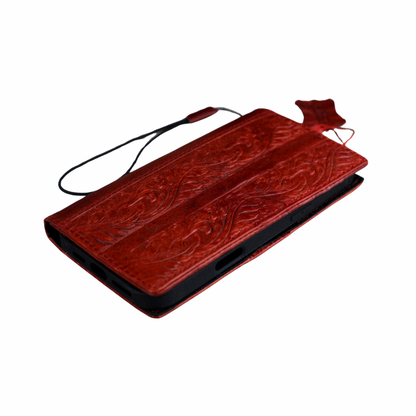 ARICHI Handmade Red Leather iPhone Case with Card Slots | Flower Embossed Vintage Style Wallet Cover