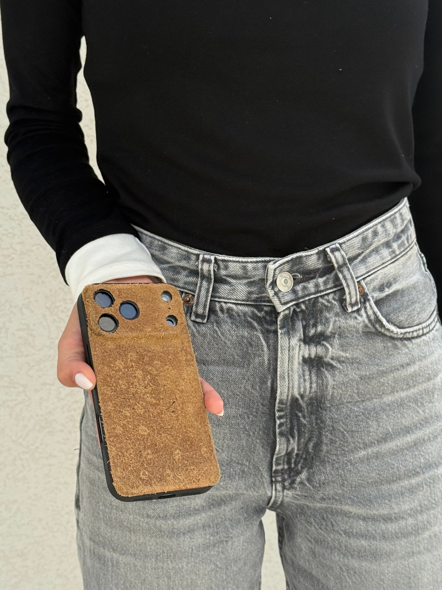 Suede Leather iPhone Case – Ostrich Embossed Genuine Leather | Handmade Luxury Suede Phone Cover for iPhone 17, 16, 15, 14 | Brown Vintage Finish