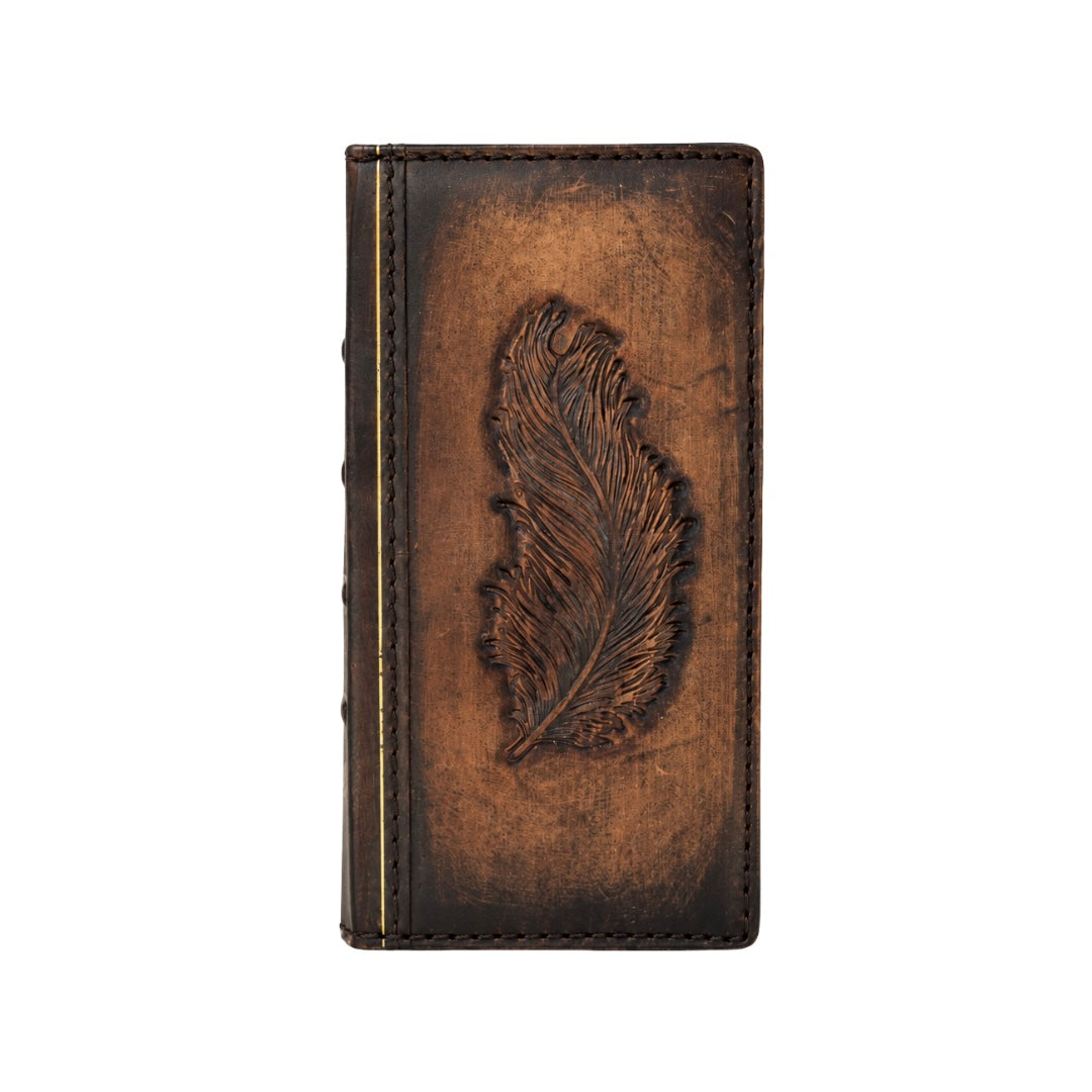 Handmade Leather Wallet Case for iPhone 17 Pro Max, 17e, 16 Pro – Vintage Feather Engraved Folio iPhone Case, Luxury Brown Leather Cover