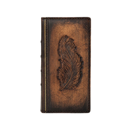 Handmade Leather Wallet Case for iPhone 17 Pro Max, 17e, 16 Pro – Vintage Feather Engraved Folio iPhone Case, Luxury Brown Leather Cover