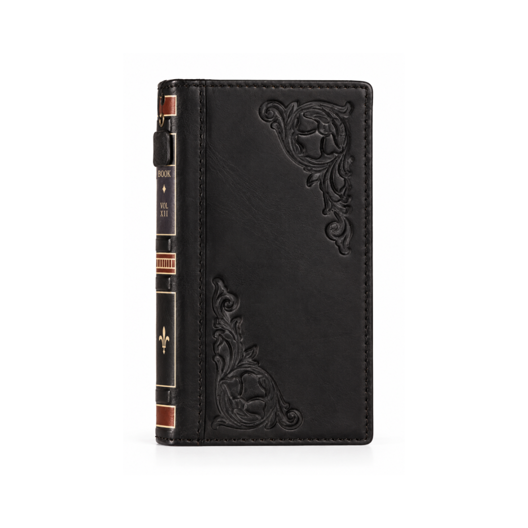 Handmade black leather book case for iPhone Duo and iPhone 18 Pro Max with vintage embossed cover
