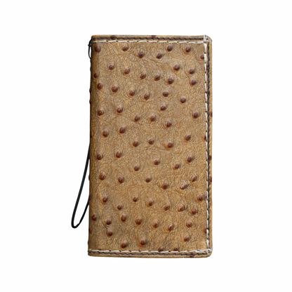 Handmade ostrich leather wallet case for Samsung Galaxy S26 Ultra with white stitching