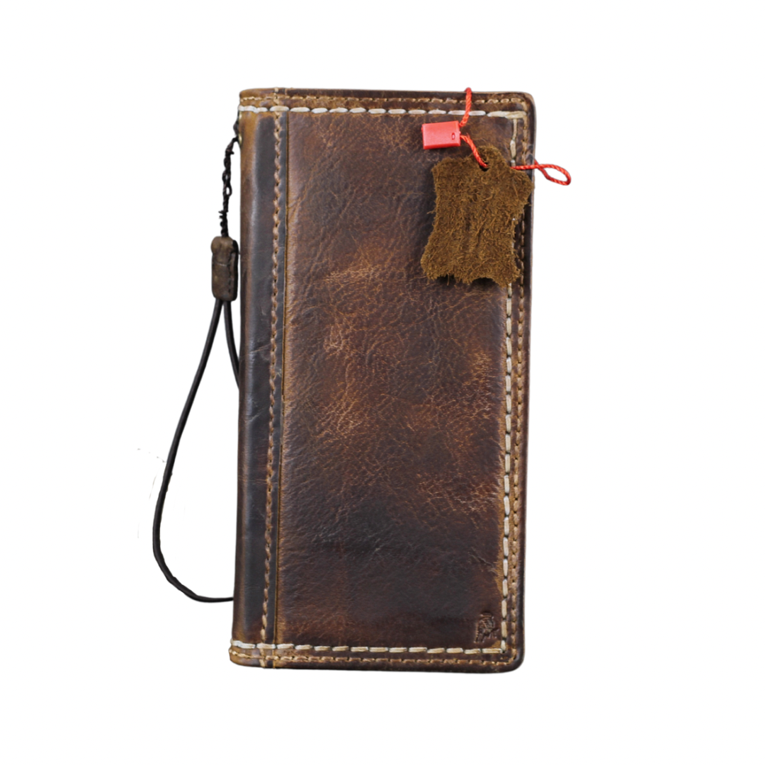 ARICHI Handmade Waxed Leather iPhone Case – Polished Finish with White Hand-Stitched Seams, Wallet Book Cover for iPhone 11–17 Pro Max SE XS