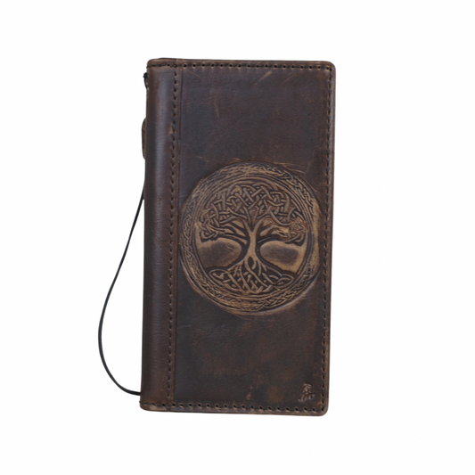 Handmade Dark Brown Leather Samsung Galaxy Case with Tree of Life Embossing, Card Slots & Wireless Charging Support