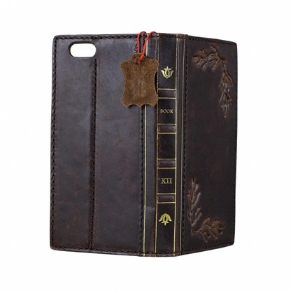 ARICHI Handmade Genuine Leather Case for Apple iPhone – Vintage Bible Style with Tree Branch Embossing & Card Slots