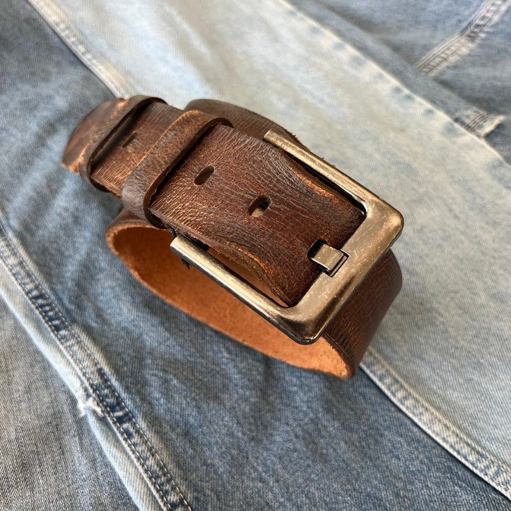 ARICHI Genuine Vintage Leather Belt Man Woman Waist Brown Waistband Stone Wash Buckle Style old fashioned