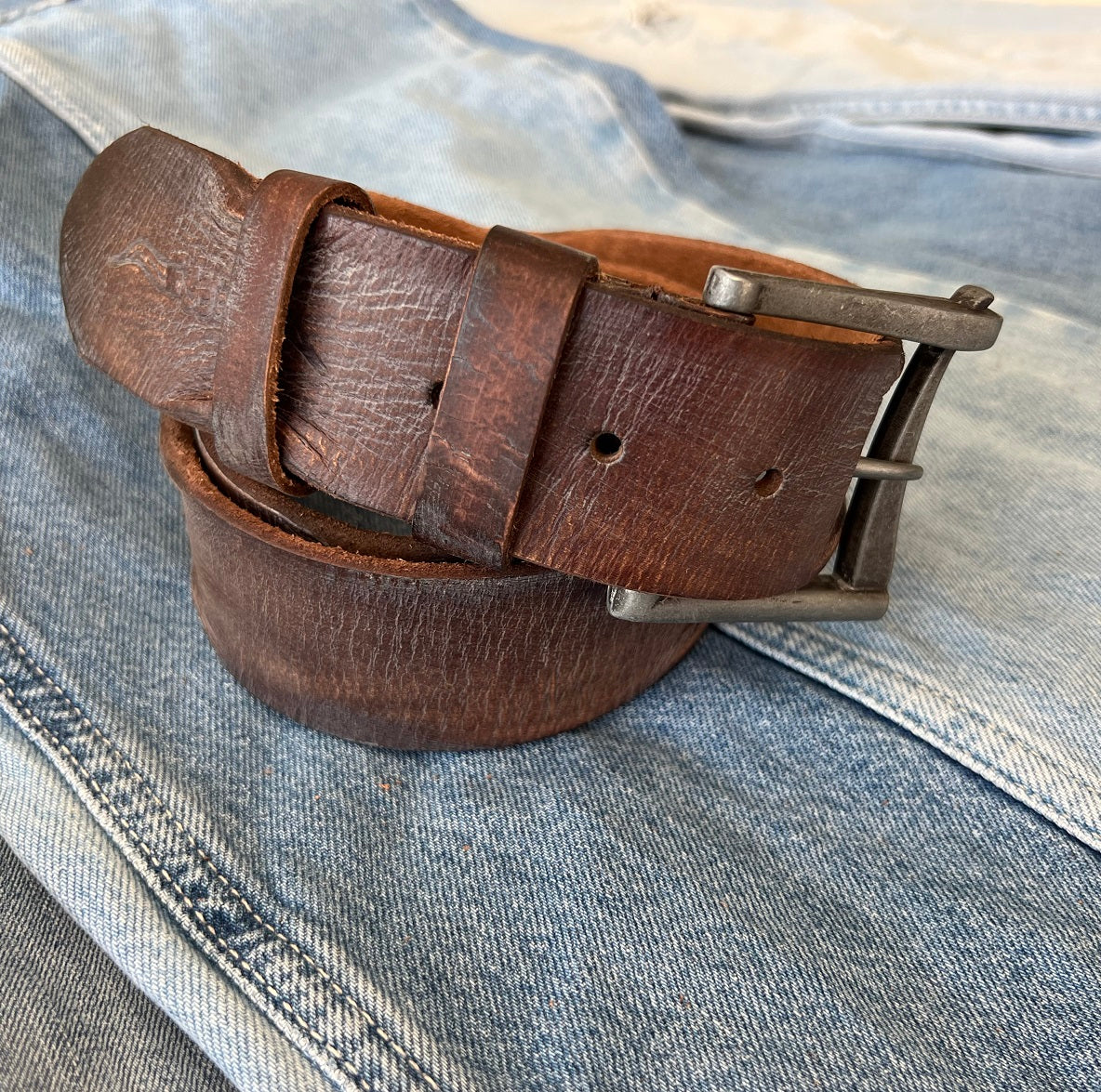 ARICHI Genuine Vintage Leather Belt Man Woman Waist handmade classic retro Dark brown Waistband Stone Wash Buckle Style old fashioned