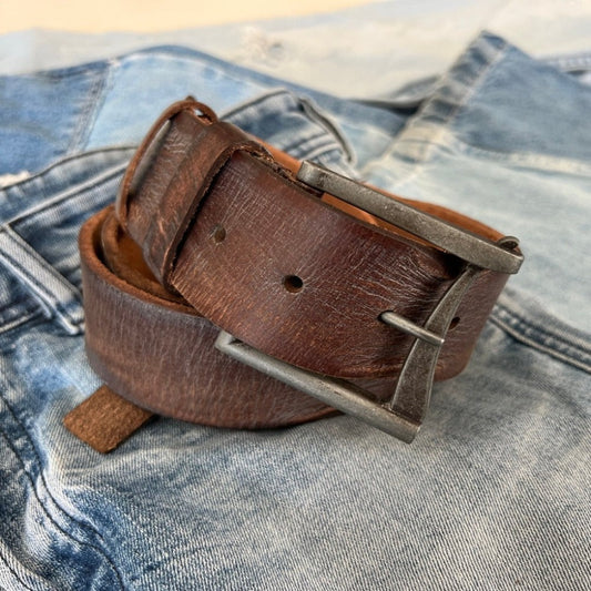 ARICHI Genuine Vintage Leather Belt Man Woman Waist handmade classic retro Dark brown Waistband Stone Wash Buckle Style old fashioned