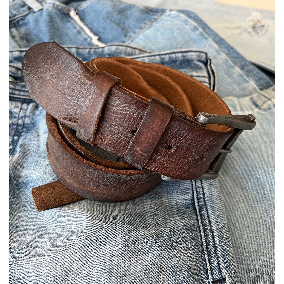 ARICHI Genuine Vintage Leather Belt Man Woman Waist handmade classic retro Dark brown Waistband Stone Wash Buckle Style old fashioned