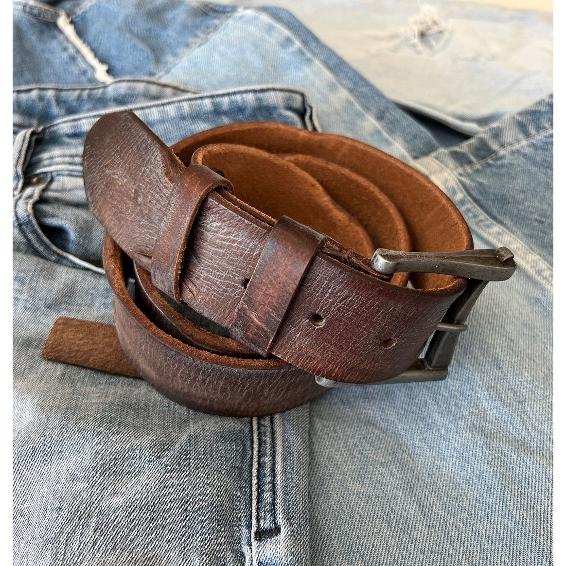 ARICHI Genuine Vintage Leather Belt Man Woman Waist handmade classic retro Dark brown Waistband Stone Wash Buckle Style old fashioned