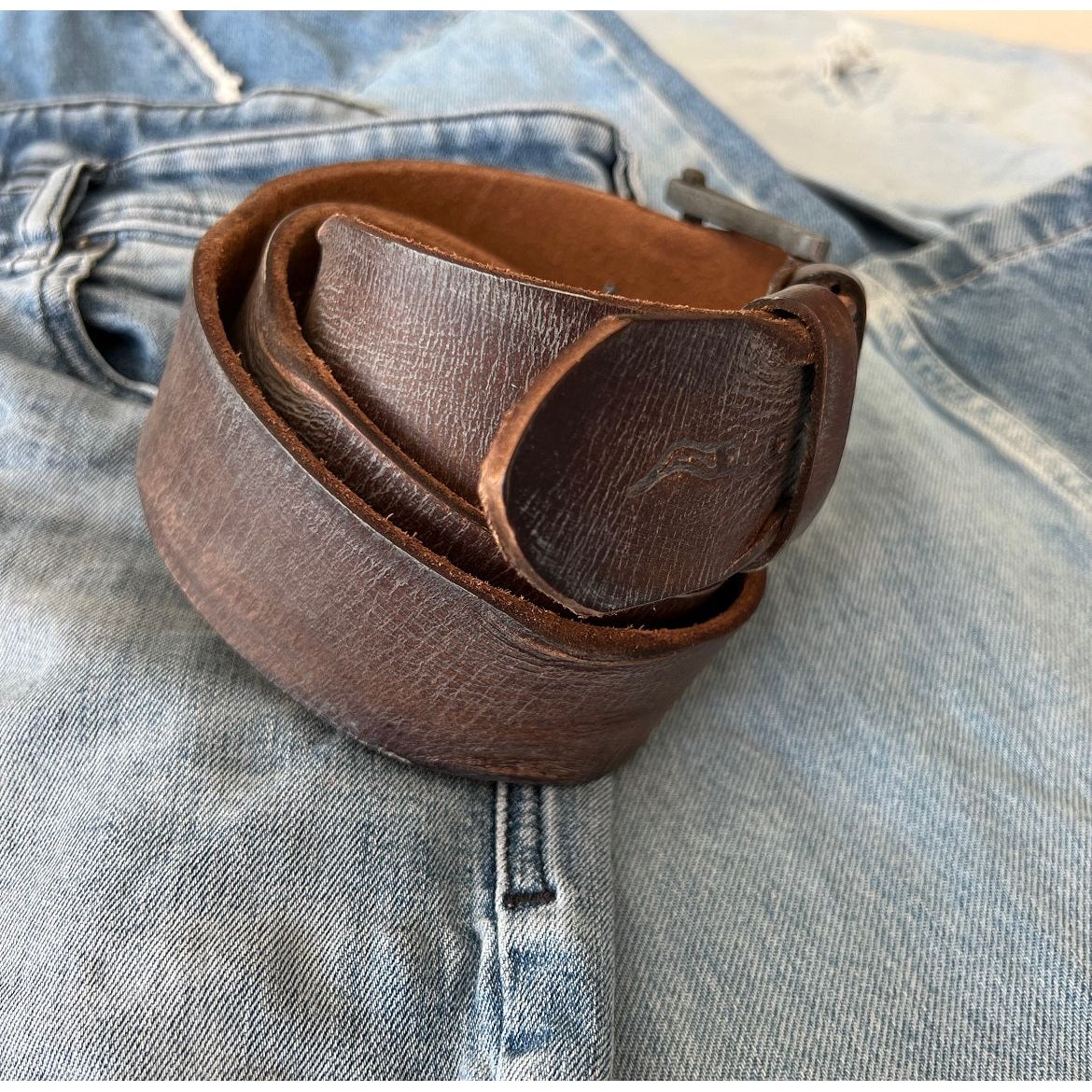 ARICHI Genuine Vintage Leather Belt Man Woman Waist handmade classic retro Dark brown Waistband Stone Wash Buckle Style old fashioned