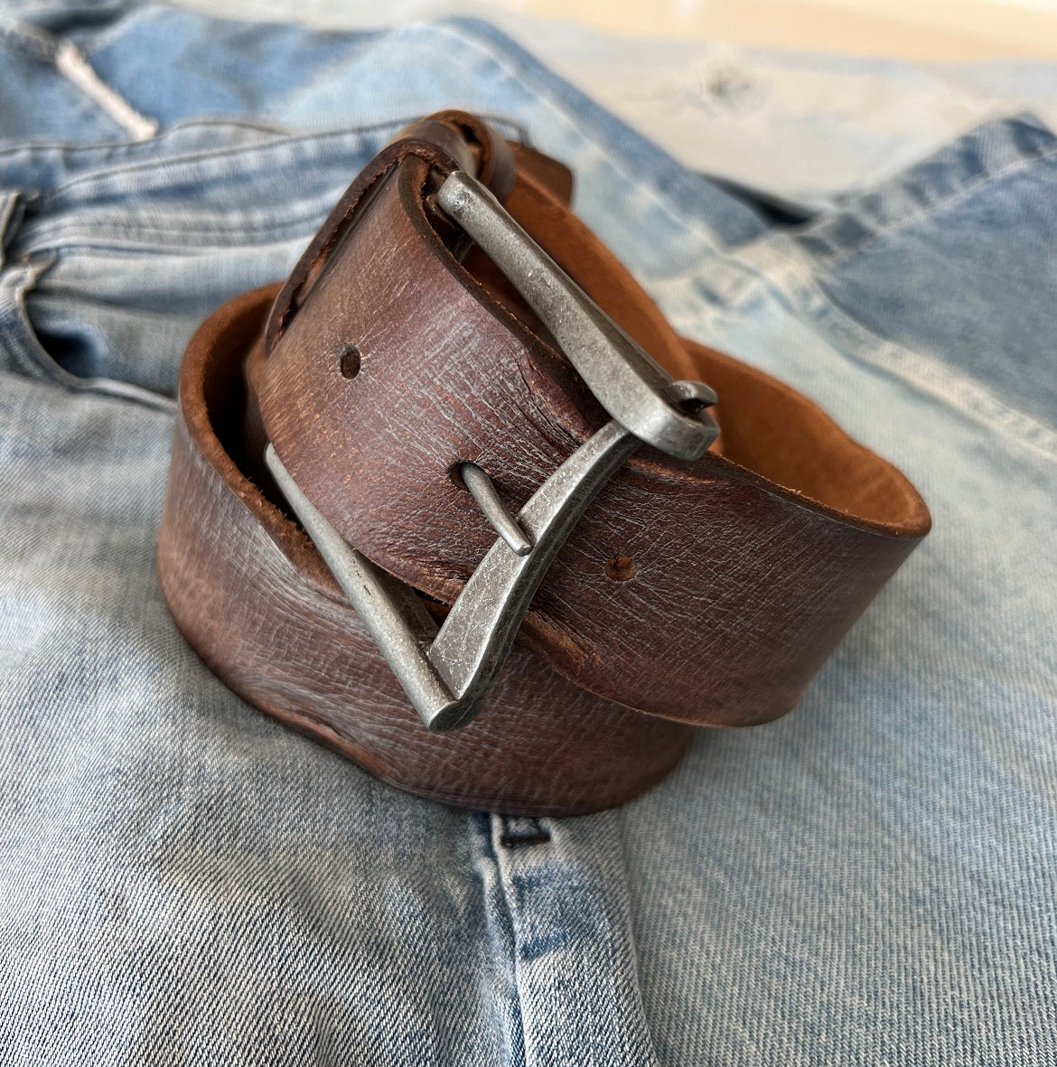 ARICHI Genuine Vintage Leather Belt Man Woman Waist handmade classic retro Dark brown Waistband Stone Wash Buckle Style old fashioned