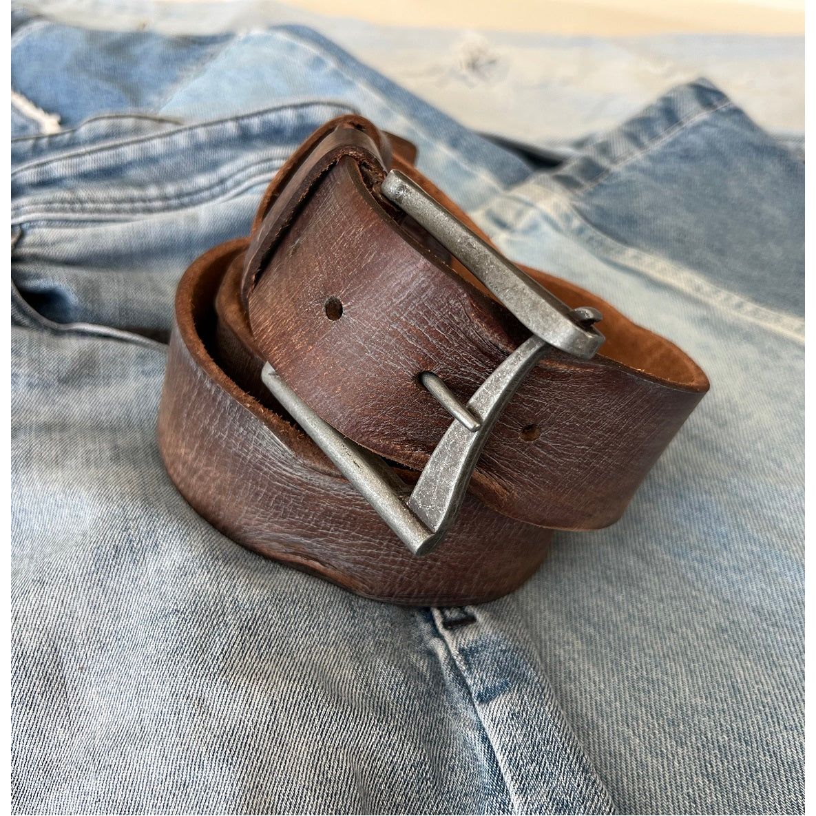 ARICHI Genuine Vintage Leather Belt Man Woman Waist handmade classic retro Dark brown Waistband Stone Wash Buckle Style old fashioned