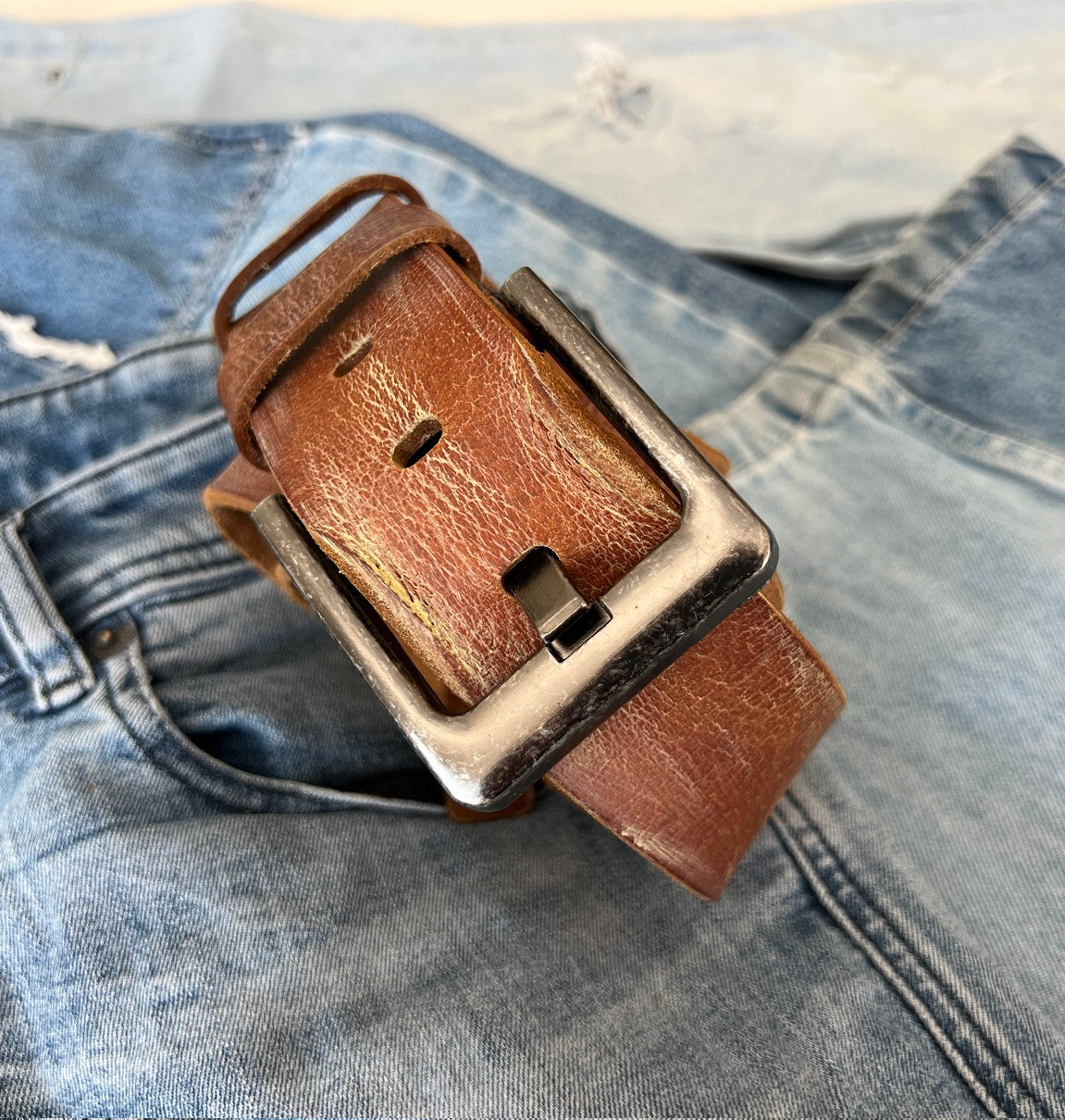 ARICHI Genuine Vintage Leather Belt Man Woman Waist Tan Brown Waistband Stone Wash Buckle Style old fashioned