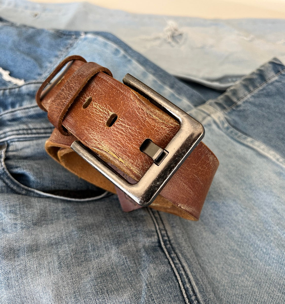 ARICHI Genuine Vintage Leather Belt Man Woman Waist Tan Brown Waistband Stone Wash Buckle Style old fashioned