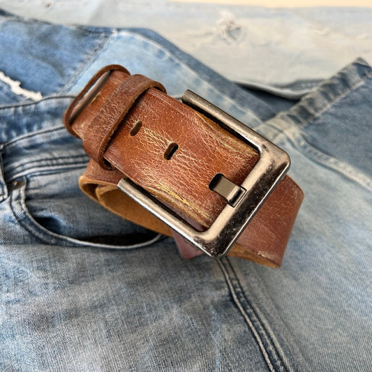 ARICHI Genuine Vintage Leather Belt Man Woman Waist Tan Brown Waistband Stone Wash Buckle Style old fashioned