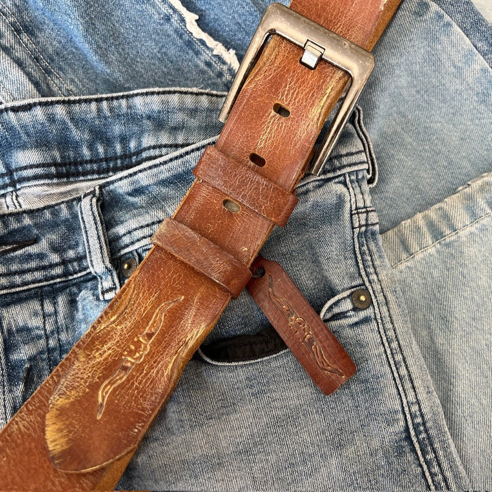 ARICHI Genuine Vintage Leather Belt Man Woman Waist Tan Brown Waistband Stone Wash Buckle Style old fashioned