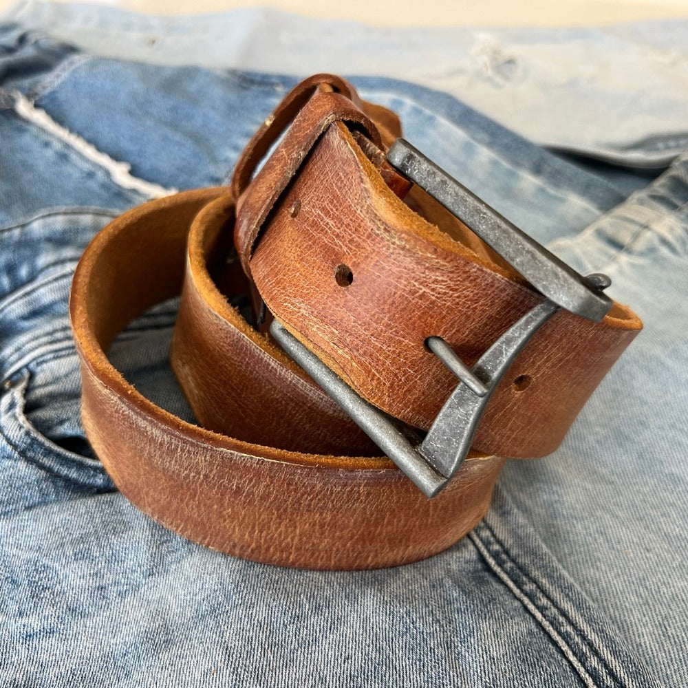 ARICHI Genuine Tan Vintage Leather Belt Man Woman Waist classic Waistband Stone Wash Buckle Style old fashioned Art