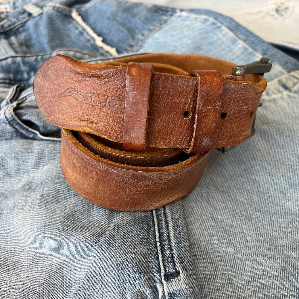 ARICHI Genuine Tan Vintage Leather Belt Man Woman Waist classic Waistband Stone Wash Buckle Style old fashioned Art