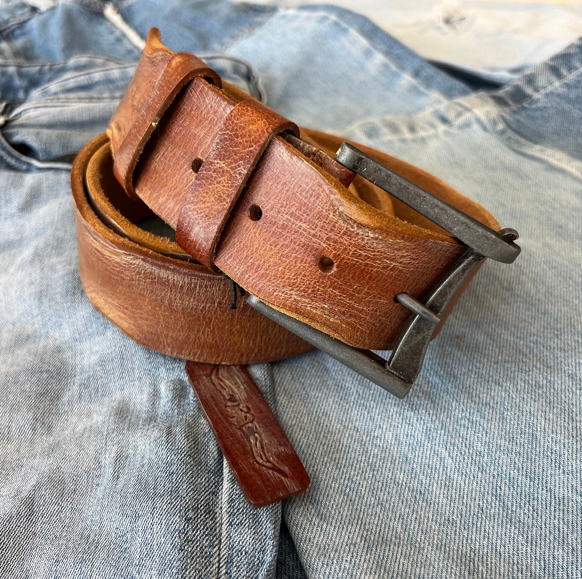 ARICHI Genuine Tan Vintage Leather Belt Man Woman Waist classic Waistband Stone Wash Buckle Style old fashioned Art