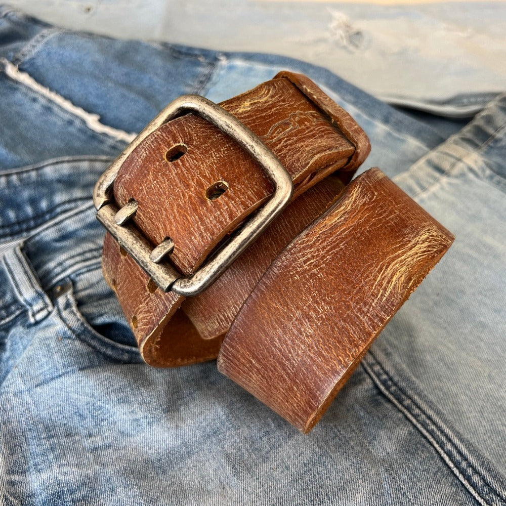 ARICHI Genuine Tan Vintage Leather Belt Man Woman Waist classic Waistband Stone Wash Buckle Style old fashioned handmade Holes square