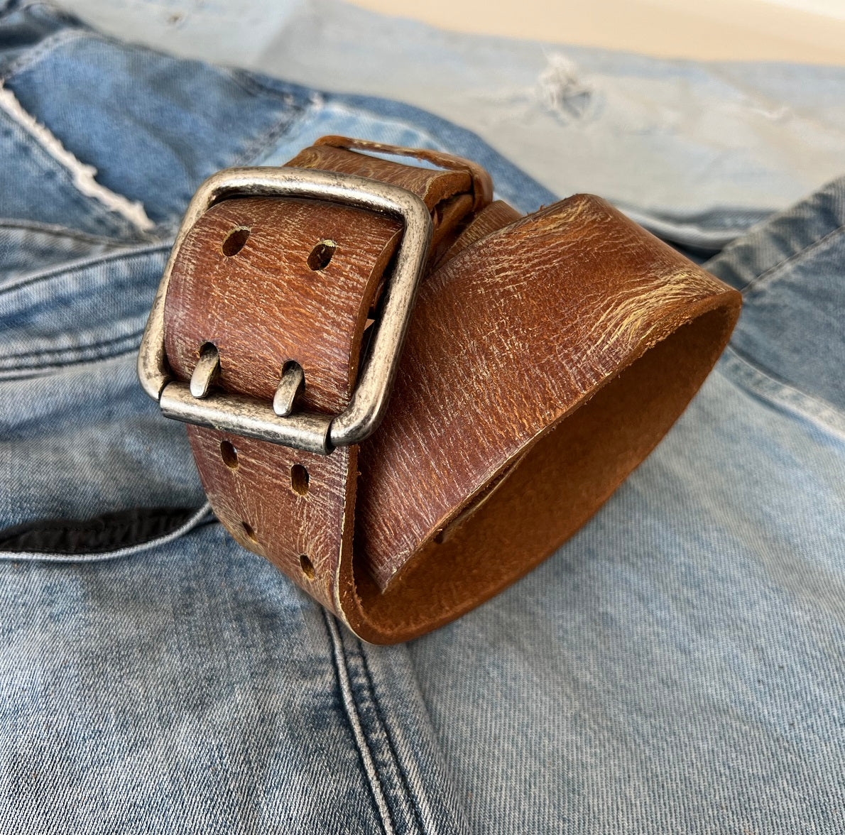 ARICHI Genuine Tan Vintage Leather Belt Man Woman Waist classic Waistband Stone Wash Buckle Style old fashioned handmade Holes square