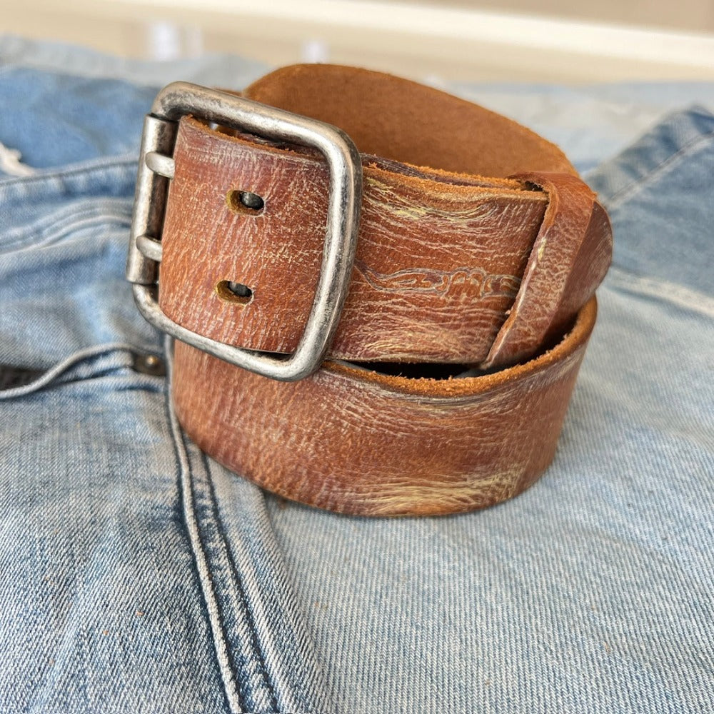 ARICHI Genuine Tan Vintage Leather Belt Man Woman Waist classic Waistband Stone Wash Buckle Style old fashioned handmade Holes square