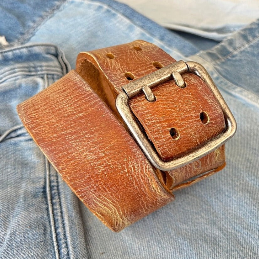 ARICHI Genuine Tan Vintage Leather Belt Man Woman Waist classic Waistband Stone Wash Buckle Style old fashioned handmade Holes square