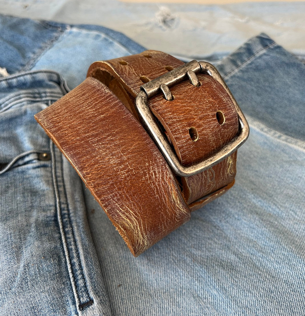 ARICHI Genuine Tan Vintage Leather Belt Man Woman Waist classic Waistband Stone Wash Buckle Style old fashioned handmade Holes square