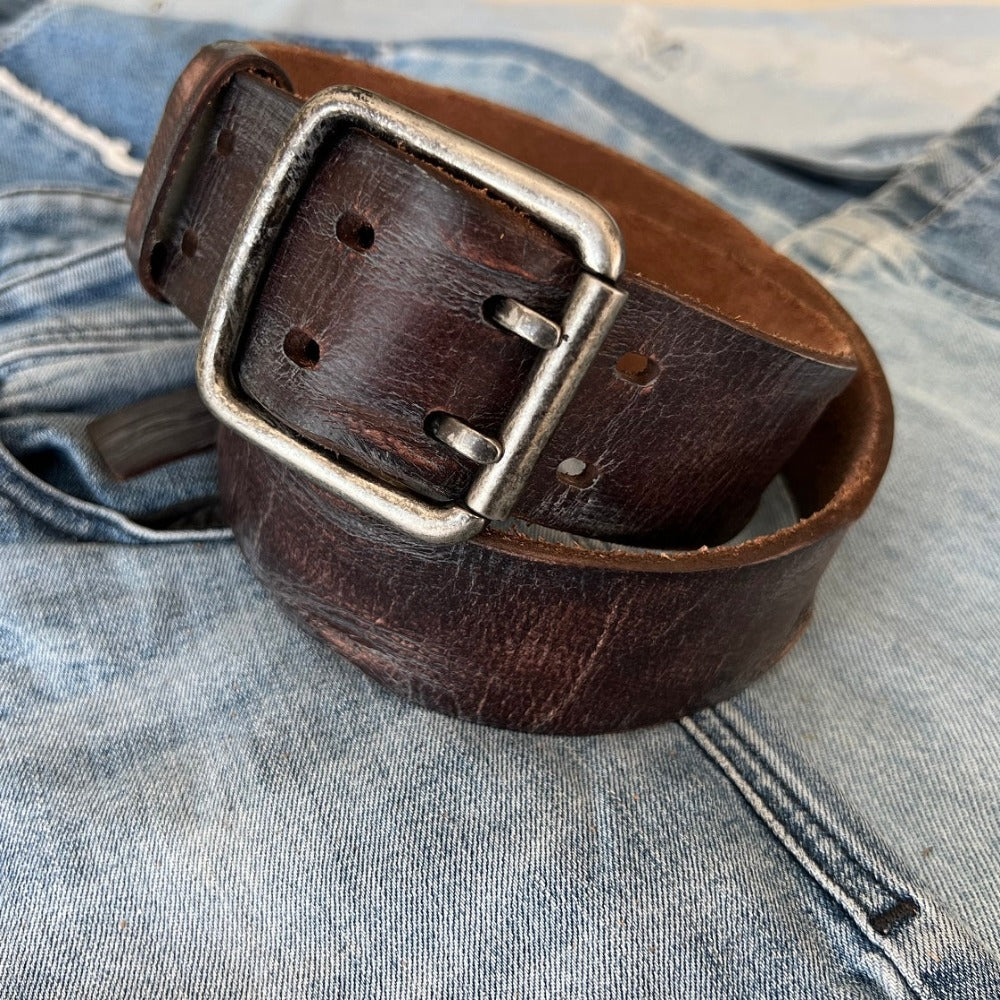 ARICHI Genuine Vintage Wash Brown Leather Belt Man Woman Waist handmade Classic Waistband Stone Buckle Style Casual Holes square